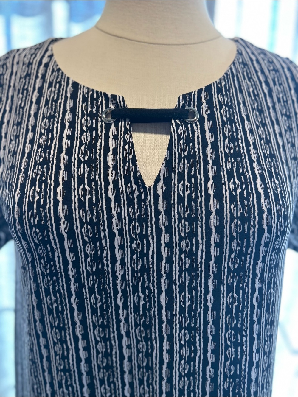 Rafaella Black and White Vertical Pattern Keyhole Tunic